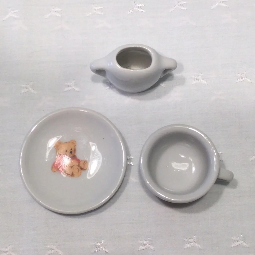 Mini Teddy Bear Saucer and Cup and White Mini Vase​